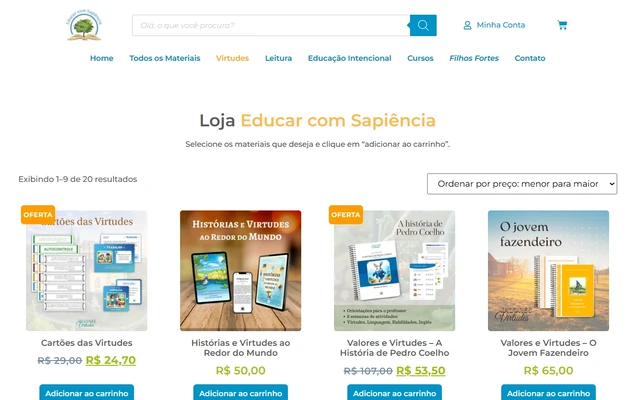 Loja virtual com materiais da coleção Valores e Virtudes