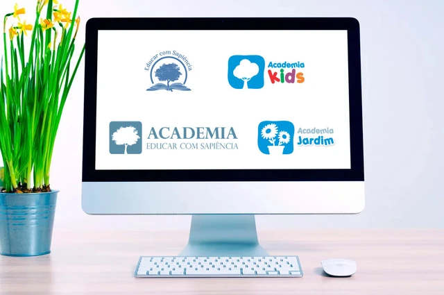 Variações do logotipo: Educar com Sapiência, Academia Kids, Academia Educar com Sapiência e Academia Jardim